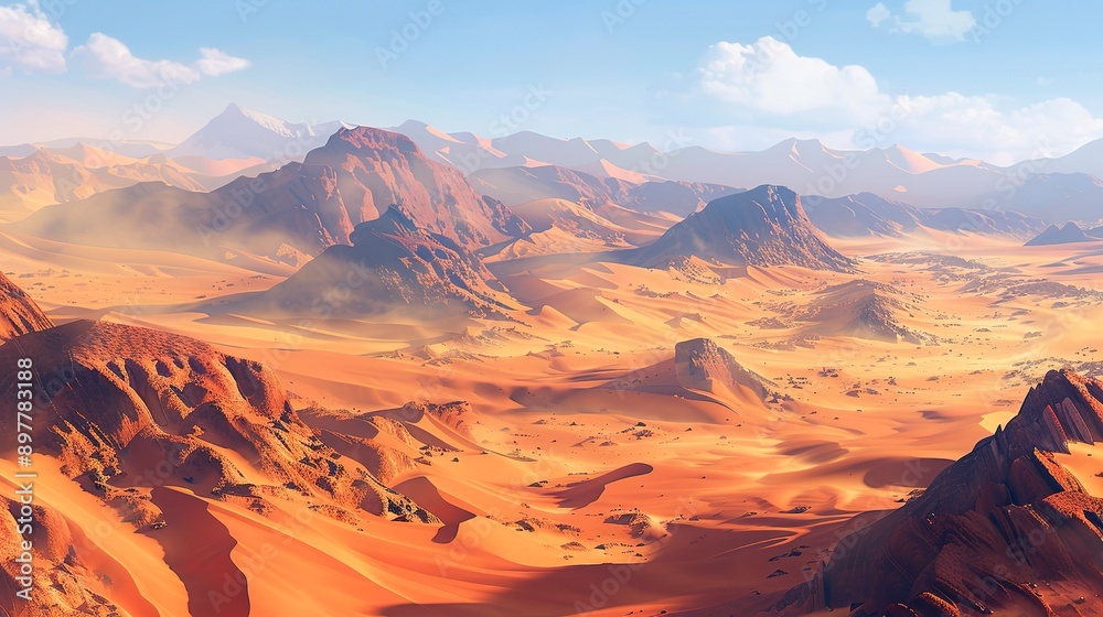Naklejka premium A vast desert landscape, with rolling sand dunes and rocky outcrops, shaped by wind and erosion over millions of years. Concept of arid environments.