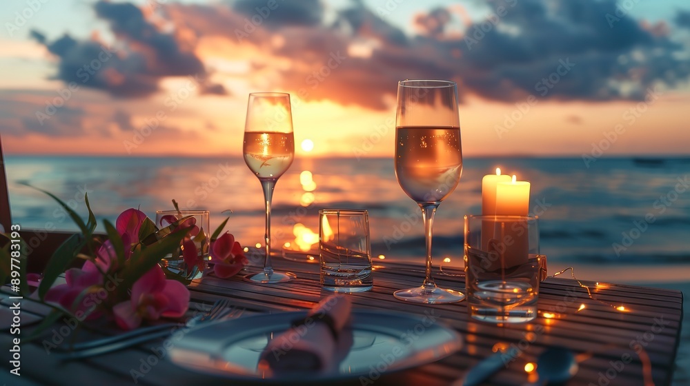 Fototapeta premium Tranquil Sunset Beach Vacation with Refreshing Evening and valentine romantic dinner