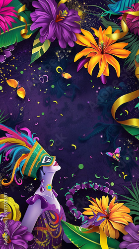 The Festive Mardi Gras Celebration of Vibrant Copy Space for Your Message. Perfect for use in event promotions, party invitations, social media posts, and marketing materials photo