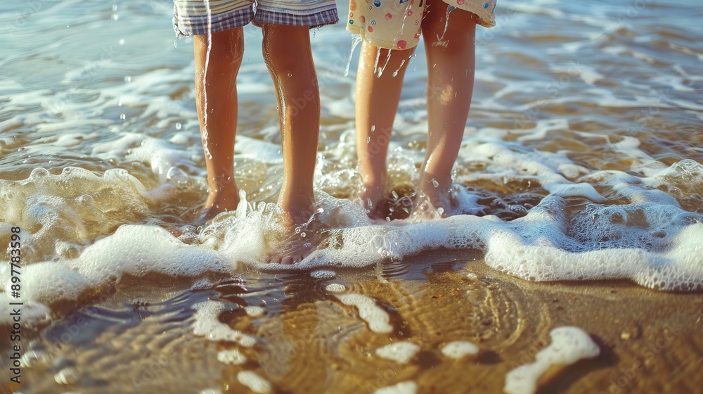 Fototapeta premium Children stand on the beach sea water flowing around its legs, close up on legs, summer vacation fun concept
