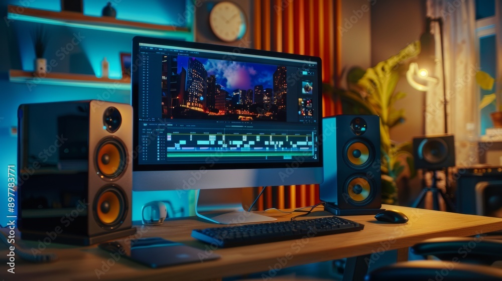 high-end computer and a video editing program on the screen