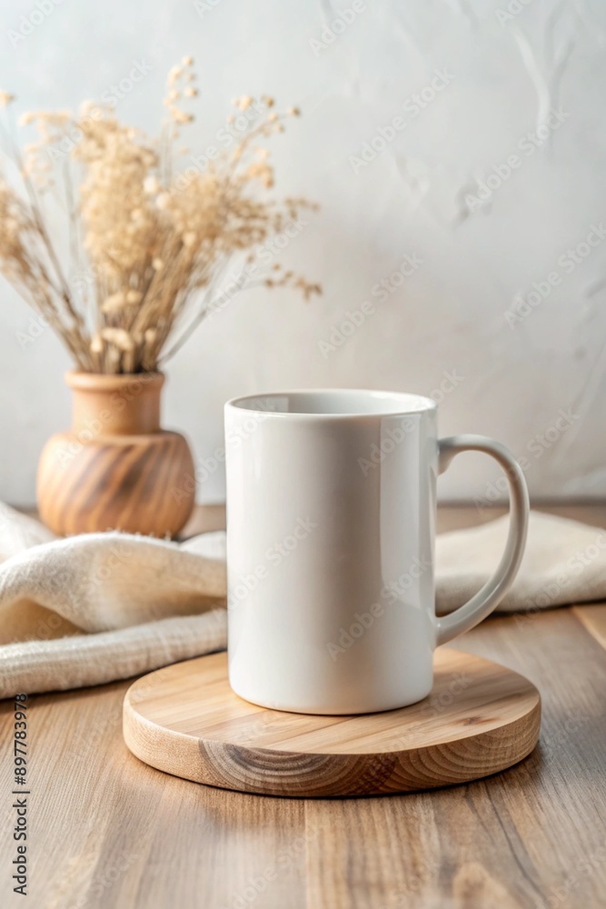 Mockup mug on wooden cup coaster with linen cloth and vase at the background Mockup mug on wooden cup coaster with linen cloth and vase at the background