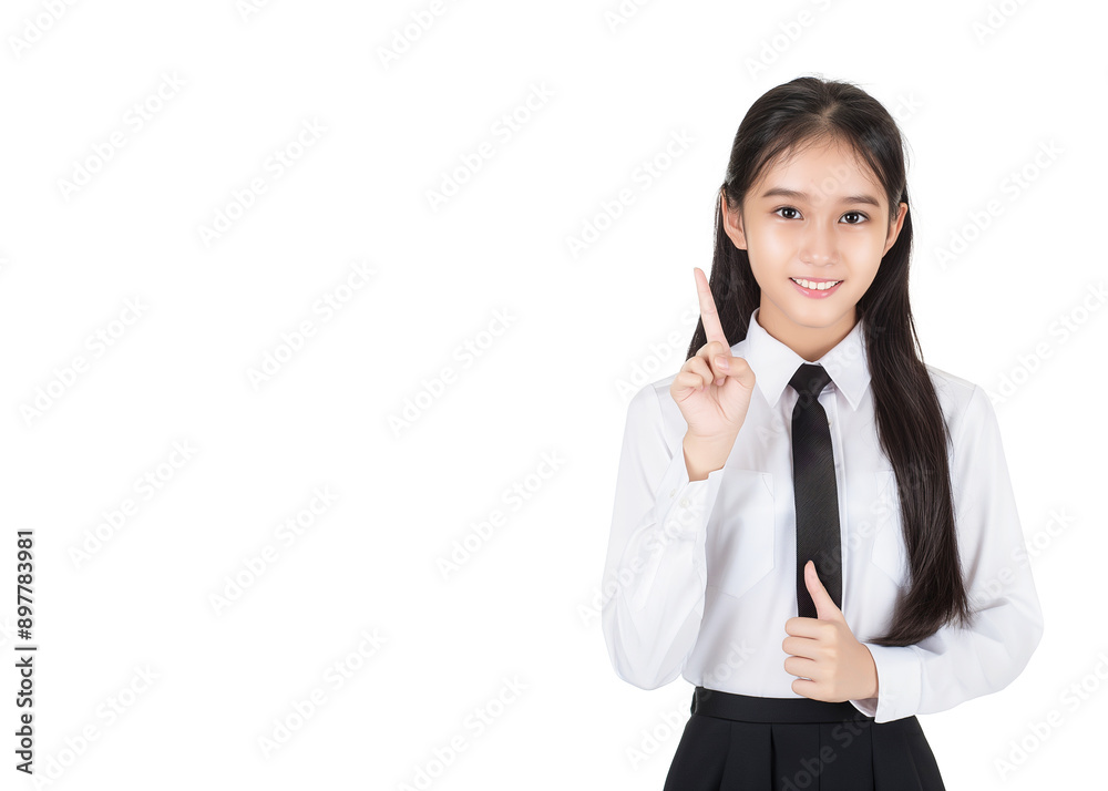 Smiling Female Student Pointing Up in School Uniform, Ready for Back to School and Excited for New Learning Opportunities. Smiling Female Student Pointing Up in School Uniform, Ready for Back to School and Excited for New Learning Opportunities.