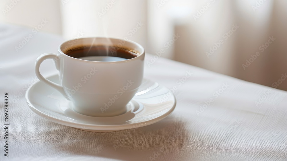 Steaming hot coffee in white cup on saucer Steaming hot coffee in white cup on saucer