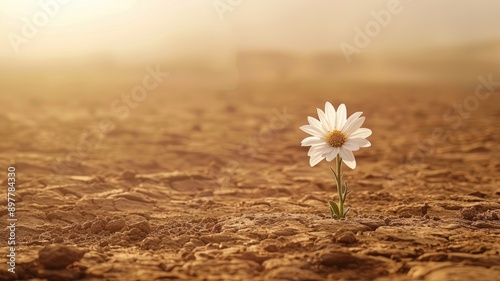 White flower thriving in barren desert landscape under sunlight