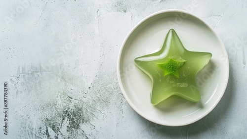 Green star-shaped jelly dessert on white plate photo