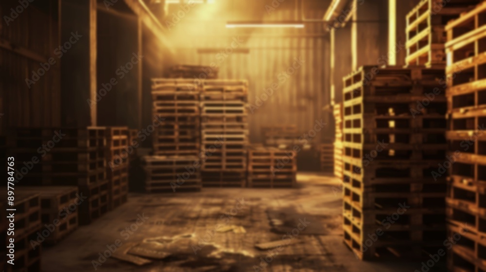 A blurry, out-of-focus image of stacks of pallets in a warehouse, illuminated by a single light source, copy space A blurry, out-of-focus image of stacks of pallets in a warehouse, illuminated by a single light source, copy space