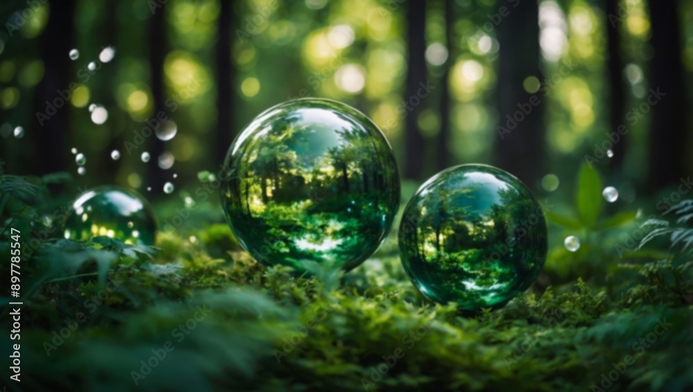 Three glass spheres sit on moss, with a blurred forest background reflected in them Three glass spheres sit on moss, with a blurred forest background reflected in them