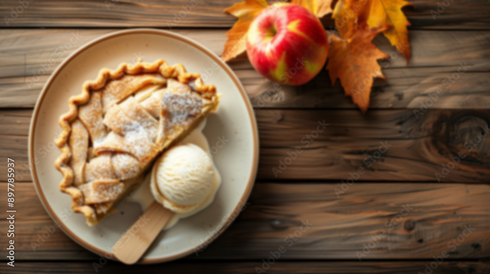A slice of apple pie with ice cream on a plate, with autumn leaves and a red apple in the background, blurred, copy space. Autumn, Thanksgiving Day A slice of apple pie with ice cream on a plate, with autumn leaves and a red apple in the background, blurred, copy space. Autumn, Thanksgiving Day