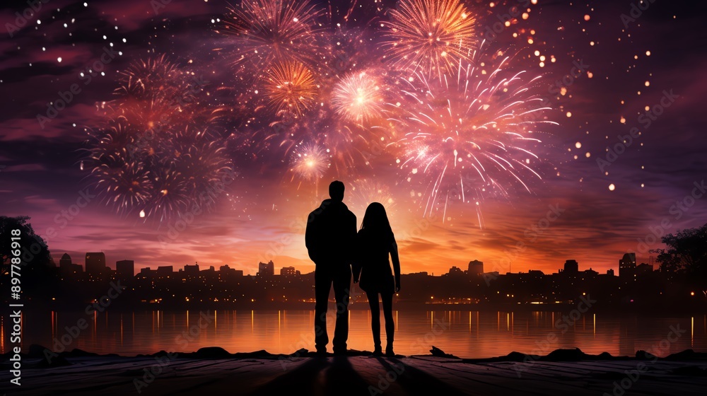 A realistic photo of a couple holding hands with their silhouettes against a backdrop of fireworks, A realistic photo of a couple holding hands with their silhouettes against a backdrop of fireworks,