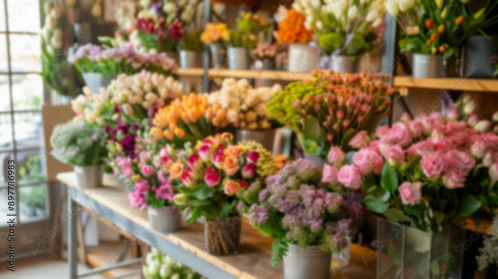 A selection of colorful flowers, arranged in vases and sitting on a wooden table in a flower shop, are blurred, flower shop or delivery concept, out of focus, copy space A selection of colorful flowers, arranged in vases and sitting on a wooden table in a flower shop, are blurred, flower shop or delivery concept, out of focus, copy space