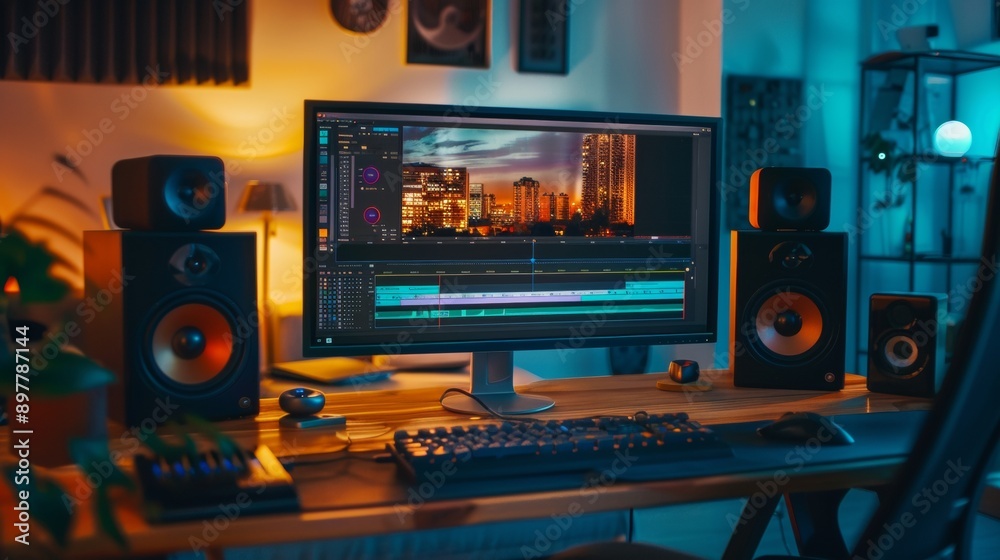 high-end computer and a video editing program on the screen high-end computer and a video editing program on the screen