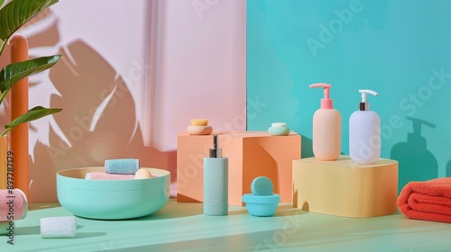 Bath accessory collection on colorful backdrop © TheWaterMeloonProjec