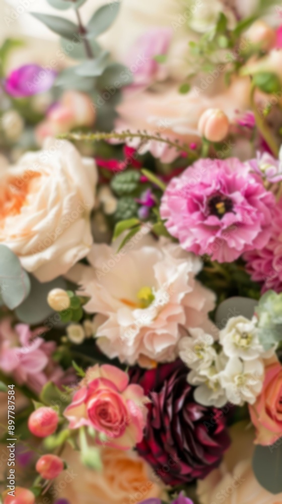 A soft, out-of-focus image of a bouquet of pink, white, and peach flowers A soft, out-of-focus image of a bouquet of pink, white, and peach flowers