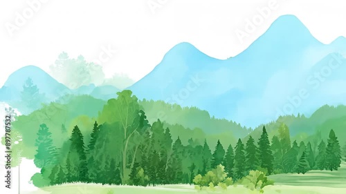 green landscape , nature, mountain, trees, sky, forest, background, hill, watercolor, scenery, morning, summer, travel, recreation, relax