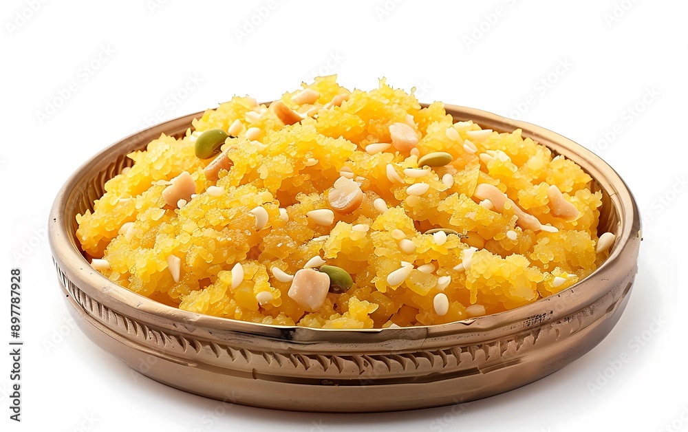 Board and plate of tasty Moong Dal ka Halwa with on white background. Board and plate of tasty Moong Dal ka Halwa with on white background.