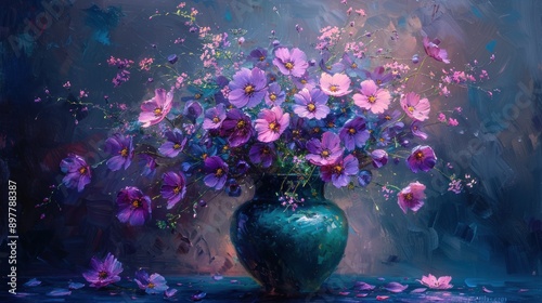A vase of purple flowers sits on a table