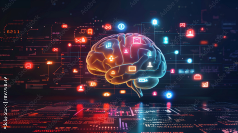 Obraz premium brain with glowing icons floats against a blurred, abstract background with glowing lines and data, out of focus