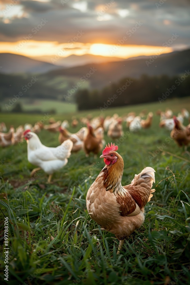 Fototapeta premium Free-Range Chickens Grazing in a Scenic Countryside at Sunset with Rolling Hills in the Background