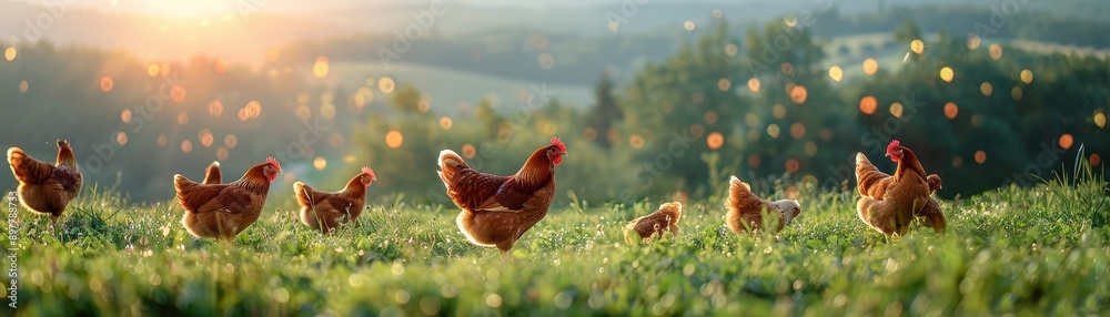 Fototapeta premium Free-Range Chickens Grazing in a Sunlit Meadow with Scenic Countryside Background