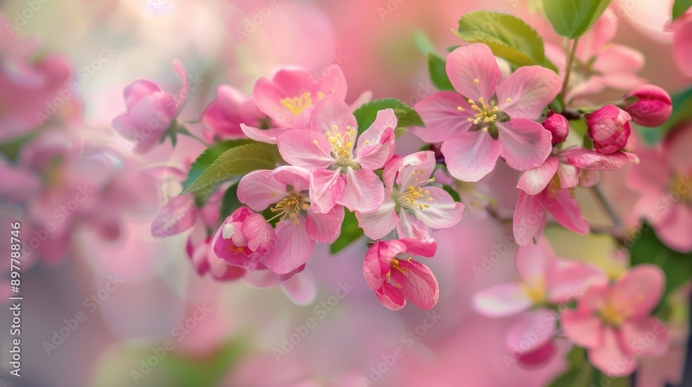 Spring garden flowers close up with a blooming fruit tree branch backdrop Spring garden flowers close up with a blooming fruit tree branch backdrop