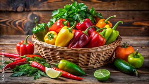 Vibrant colorful Mexican peppers in a woven basket on a rustic wooden table, surrounded by fresh cilantro and lime wedges, against a warm earthy background. photo