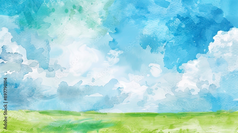 Fototapeta premium watercolor illustration of a blue sky and green ground landscape, invitation cards and background