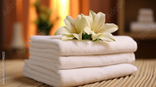 Clean white hotel towels with flowers on the towel are neatly arranged on the bed in a hotel room
