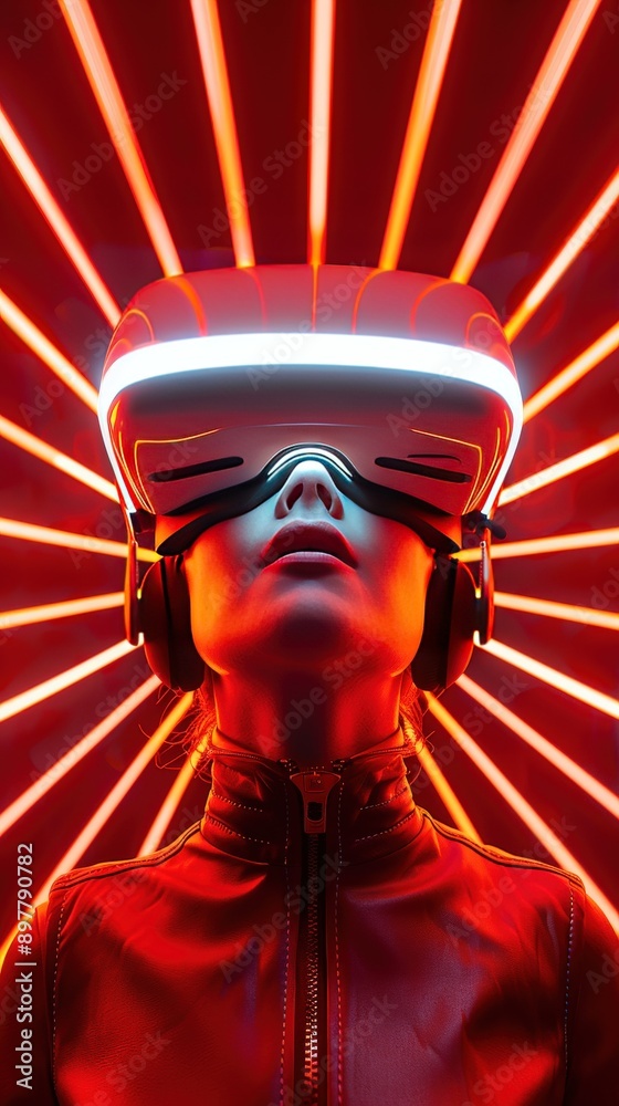A futuristic person wearing a virtual reality headset, immersed in a vibrant environment with dynamic red lighting. A futuristic person wearing a virtual reality headset, immersed in a vibrant environment with dynamic red lighting.