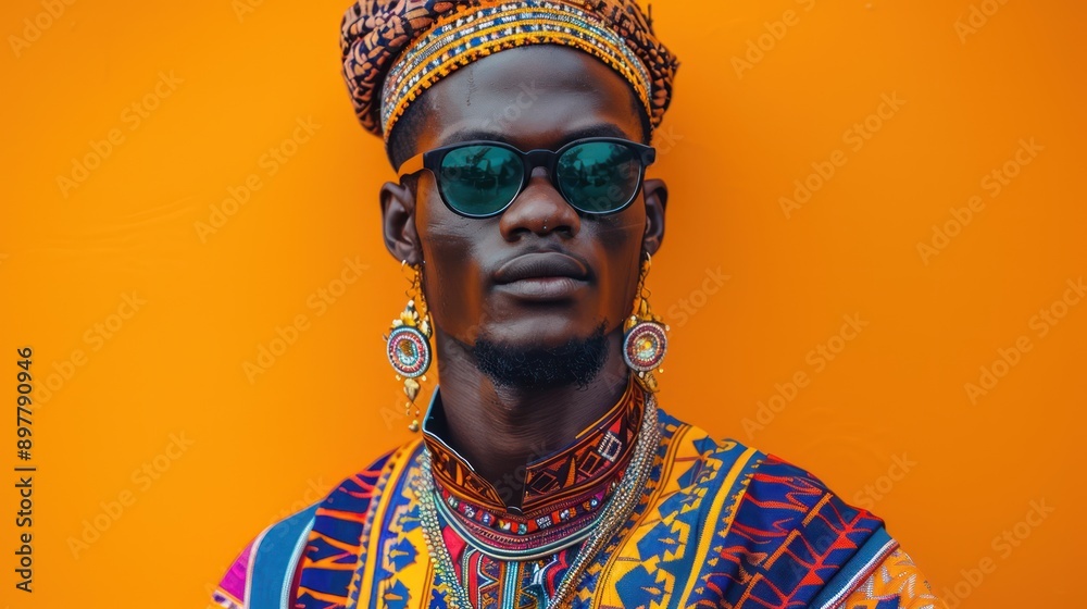 Stylish Young Man in Colorful Attire against Vibrant Orange Background Stylish Young Man in Colorful Attire against Vibrant Orange Background