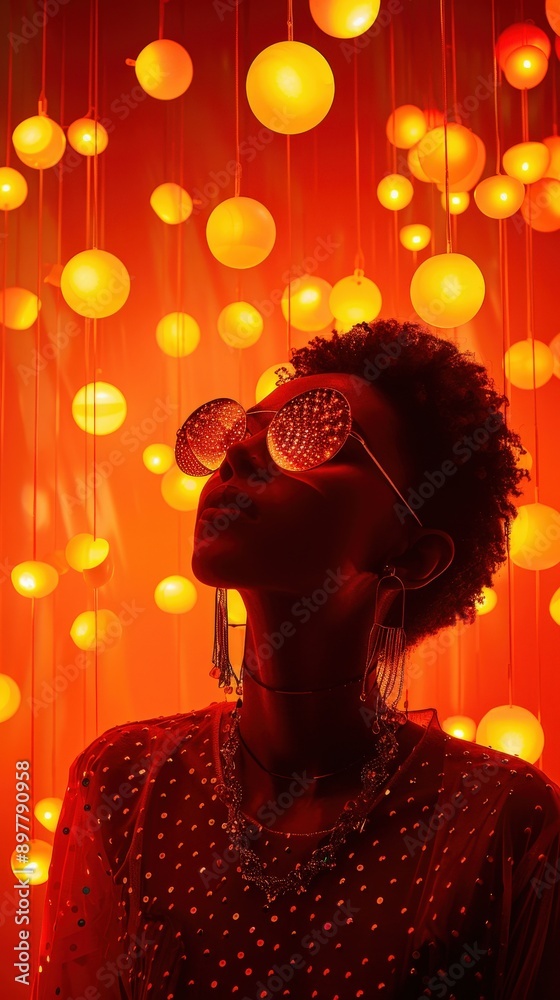 A stylish person in sunglasses gazes upwards amid glowing orbs, creating a vibrant and artistic atmosphere filled with color.