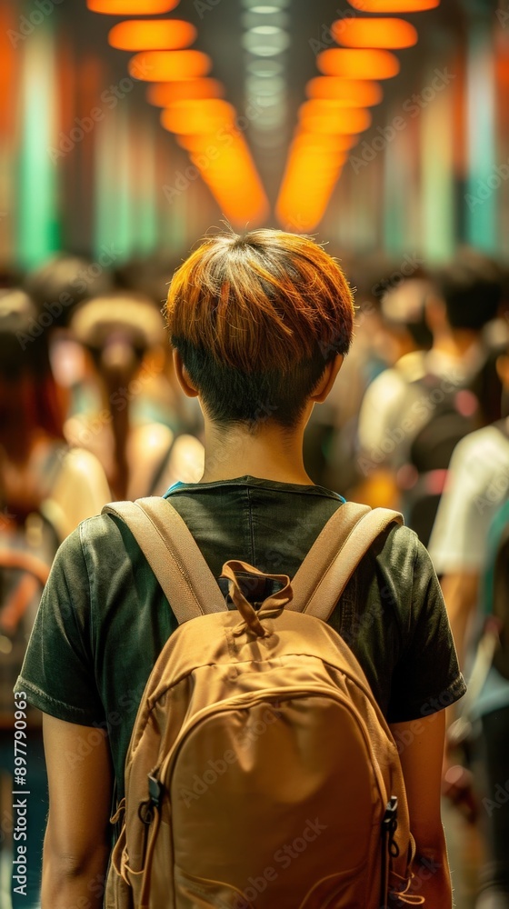 A solitary traveler stands in a busy corridor, captured from behind, immersed in the vibrant atmosphere of urban exploration. A solitary traveler stands in a busy corridor, captured from behind, immersed in the vibrant atmosphere of urban exploration.