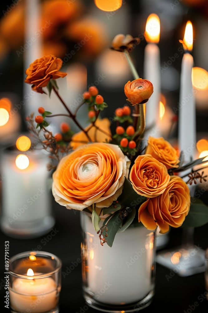 Obraz premium Beautiful arrangement of orange flowers and flickering candles, creating a warm and inviting ambiance for any occasion.