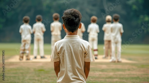 A young boy observes his teammates preparing for a cricket match, showcasing teamwork and youth sports.