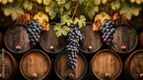 Beautiful cluster of grapes hanging above rustic wooden barrels, showcasing the art of winemaking in a vineyard setting.