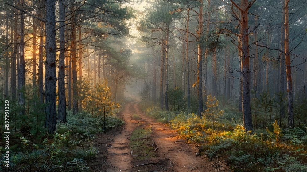 Obraz premium Forest path surrounded by tall trees