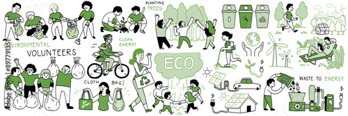 Cute hand drawn character and object of ecology concept. Outline, linear, thin line art, doodle style.