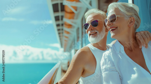 Elderly Couple Enjoy Vacation Trip on Cruise Ship.