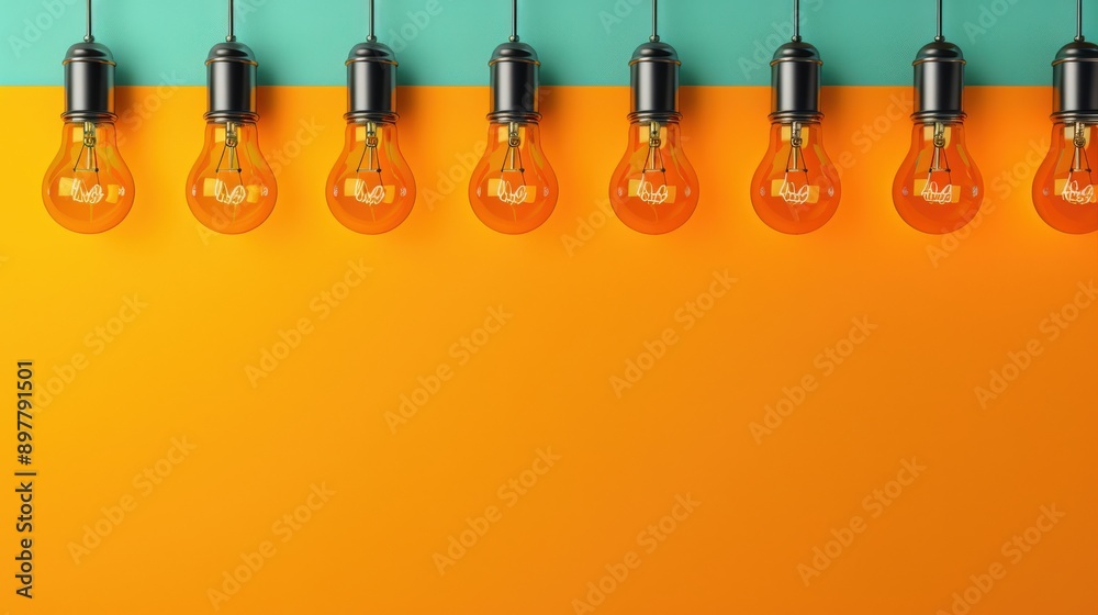 Vibrant arrangement of hanging light bulbs against a modern turquoise and orange background, perfect for creative designs. Vibrant arrangement of hanging light bulbs against a modern turquoise and orange background, perfect for creative designs.