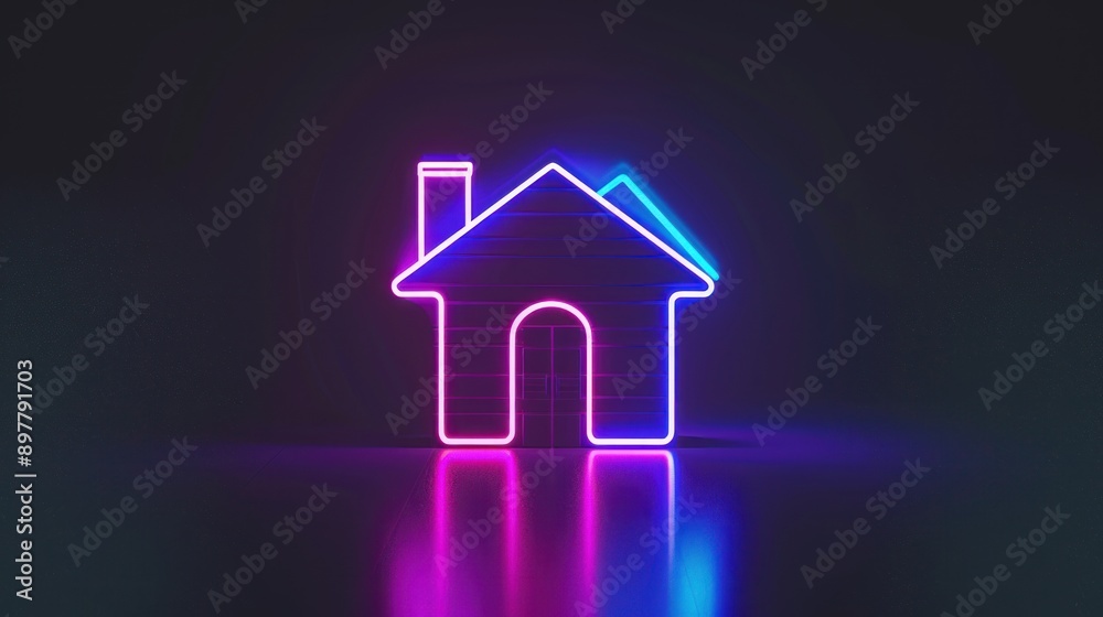 Neon House Icon in a Dark Room Neon House Icon in a Dark Room