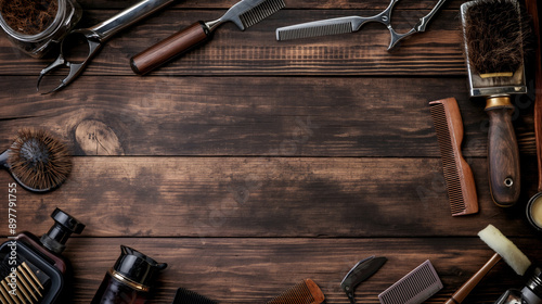 arrangement of several hairdressing equipment such as combs, scissors and shavers. Shoot from above