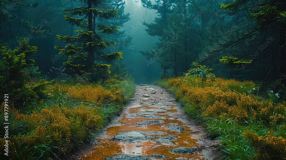 Forest path surrounded by tall trees