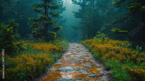 Obraz na płótnie Forest path surrounded by tall trees w salonie