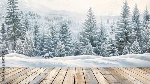 snowy winter forest landscape with wooden flooring and Snow covered fir trees Christmas scenic background 