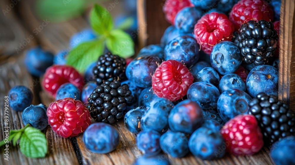Fresh Mixed Berries Spilling from Wooden Box on Rustic Wooden Table with Mint Leaves Fresh Mixed Berries Spilling from Wooden Box on Rustic Wooden Table with Mint Leaves