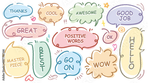 Comic style cute quote colorful speech bubble with positive words. Set of hand drawn memo frame. Cartoon doodle crayon drawing cloud, box, message. Flat vector. Best, Awesome, WOW, Master, Piece, Go