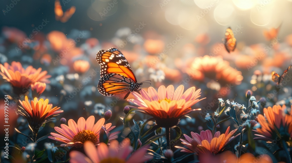 Garden with blooming flowers and butterflies