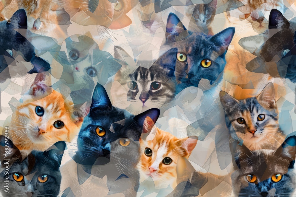 Fototapeta premium an abstract pattern made of photorealistic cats of different breeds