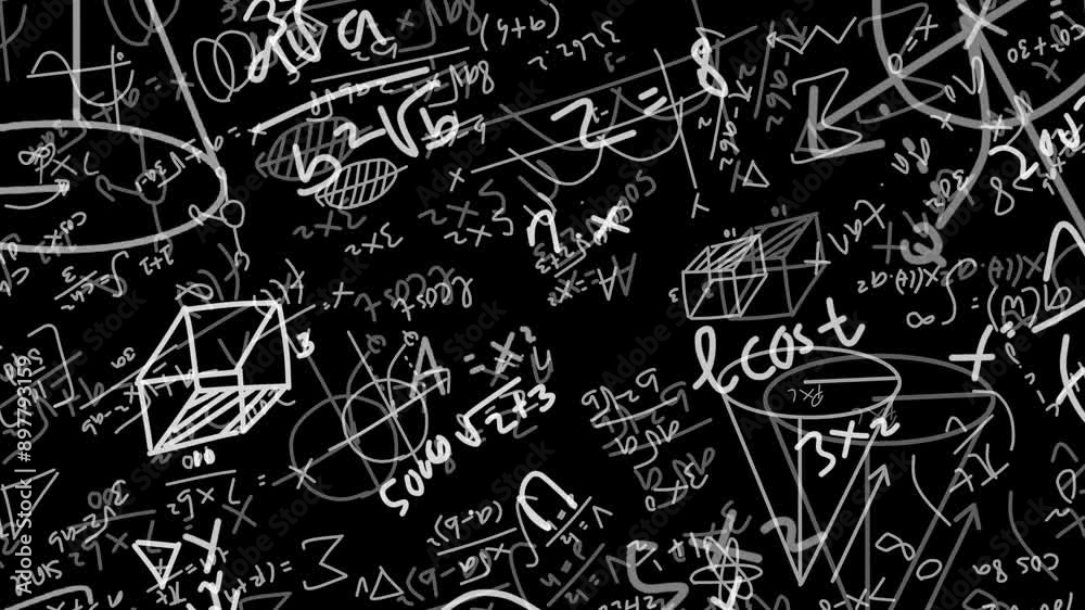 blackboard background footage with handwritten math elements, numbers and formulas Moving forward with zoom effect