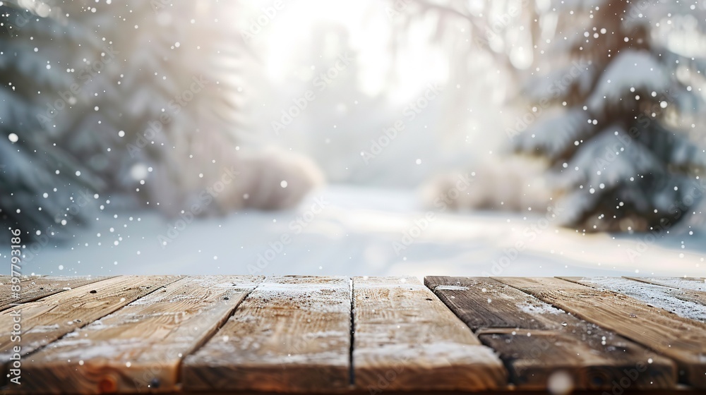 The empty wooden table top with blur winter background The empty wooden table top with blur winter background